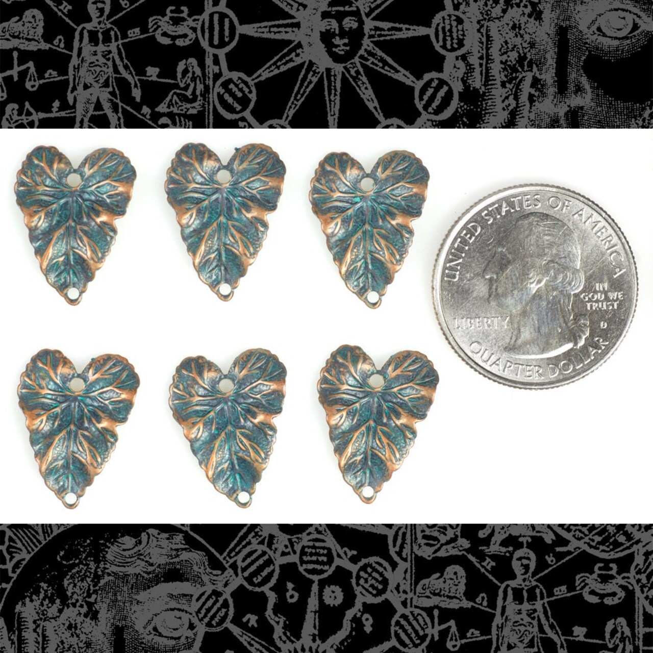 Verdigris Finished Brass Heart Shaped Leaf Connectors - Set of Six - V-2C60